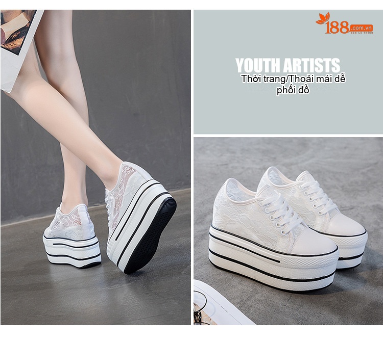 Giày Sneaker Nữ Đế Xuồng Ren Lưới Chiều Cao Đế 7.5cm Màu Đen, Trắng chi tiết 16