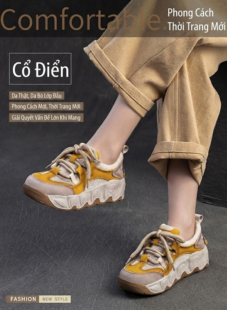 Giày Sneaker Nữ Lưới Thoáng Khí Đế Bánh Mì Cao Khoảng 5cm Màu Vàng, Xanh Lá, Đỏ... chi tiết 1