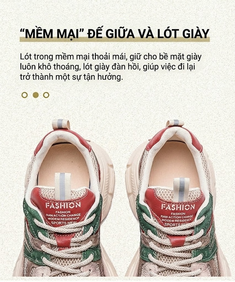 Giày Sneaker Nữ Lưới Thoáng Khí Đế Bánh Mì Chiều Cao Đế Khoảng 5cm Màu Be, Nâu, Đỏ, Xanh Lá chi tiết 6