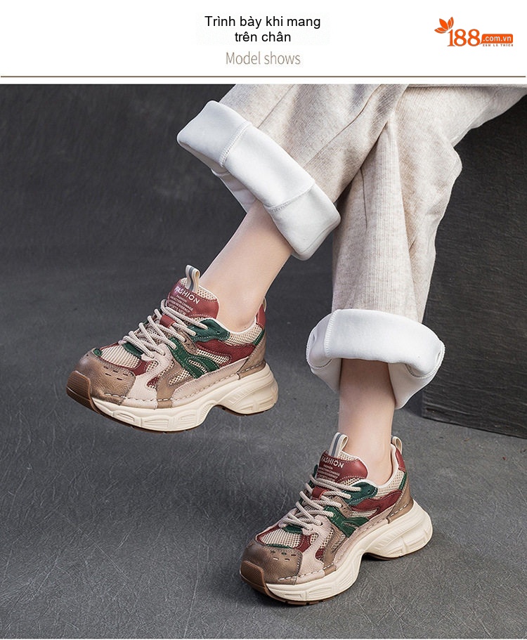 Giày Sneaker Nữ Lưới Thoáng Khí Đế Bánh Mì Chiều Cao Đế Khoảng 5cm Màu Be, Nâu, Đỏ, Xanh Lá chi tiết 7