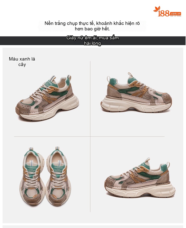 Giày Sneaker Nữ Lưới Thoáng Khí Đế Bánh Mì Chiều Cao Đế Khoảng 5cm Màu Be, Nâu, Đỏ, Xanh Lá chi tiết 16