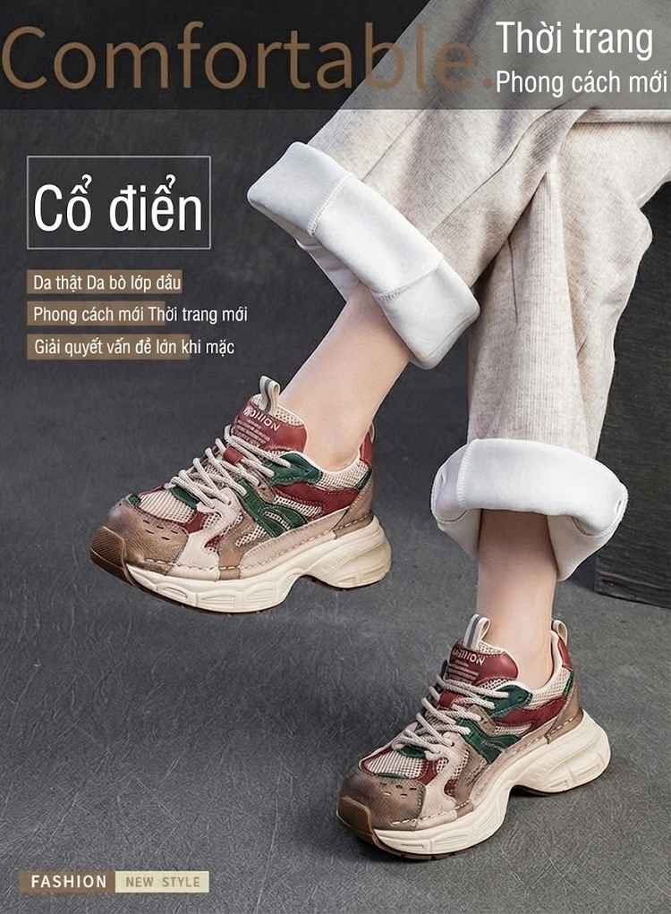 Giày Sneaker Nữ Lưới Thoáng Khí Đế Bánh Mì Chiều Cao Đế Khoảng 5cm Màu Be, Nâu, Đỏ, Xanh Lá chi tiết 1