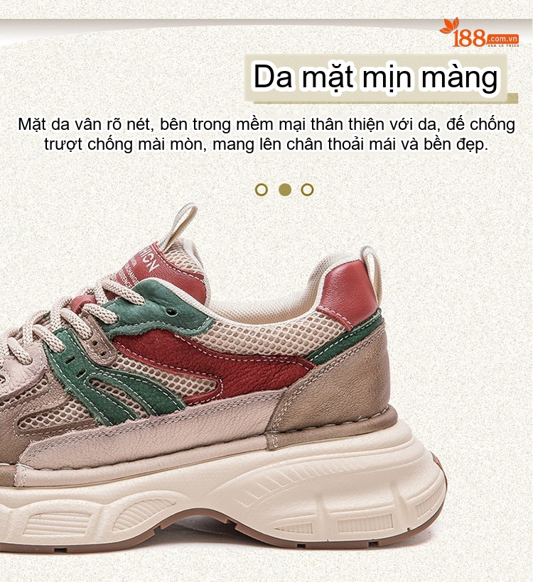 Giày Sneaker Nữ Lưới Thoáng Khí Đế Bánh Mì Chiều Cao Đế Khoảng 5cm Màu Be, Nâu, Đỏ, Xanh Lá chi tiết 3