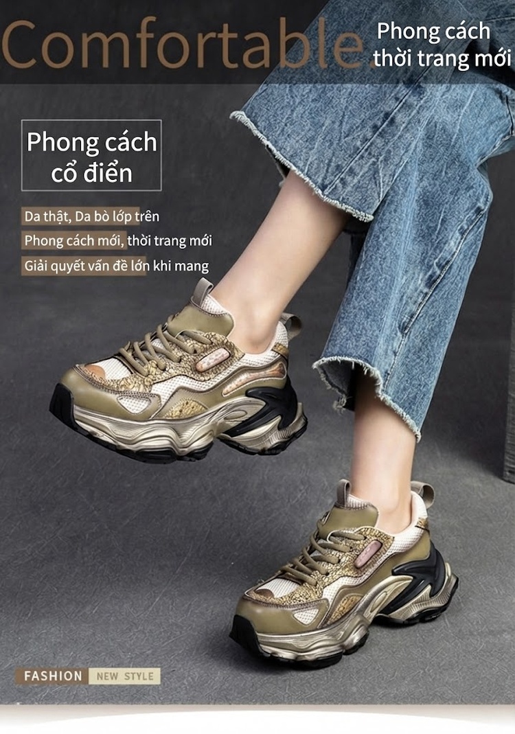 Giày Sneaker Nữ Lưới Thoáng Khí Đế Dày Chiều Cao Đế Khoảng 5cm Màu Xám, Vàng chi tiết 2