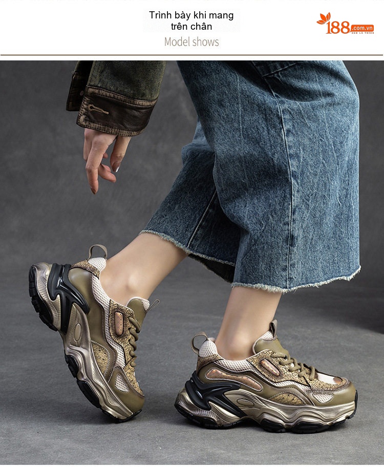 Giày Sneaker Nữ Lưới Thoáng Khí Đế Dày Chiều Cao Đế Khoảng 5cm Màu Xám, Vàng chi tiết 6