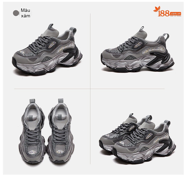 Giày Sneaker Nữ Lưới Thoáng Khí Đế Dày Chiều Cao Đế Khoảng 5cm Màu Xám, Vàng chi tiết 16