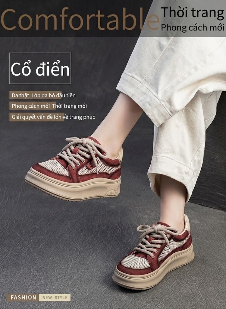 Giày Sneaker Nữ Mũi Tròn Vải Lưới Thoáng Khí Chiều Cao Đế Khoảng 4cm Màu Be, Đỏ chi tiết 1