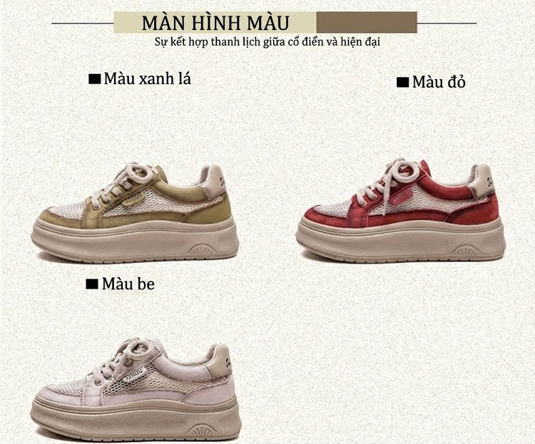 Giày Sneaker Nữ Mũi Tròn Vải Lưới Thoáng Khí Chiều Cao Đế Khoảng 4cm Màu Be, Đỏ chi tiết 2