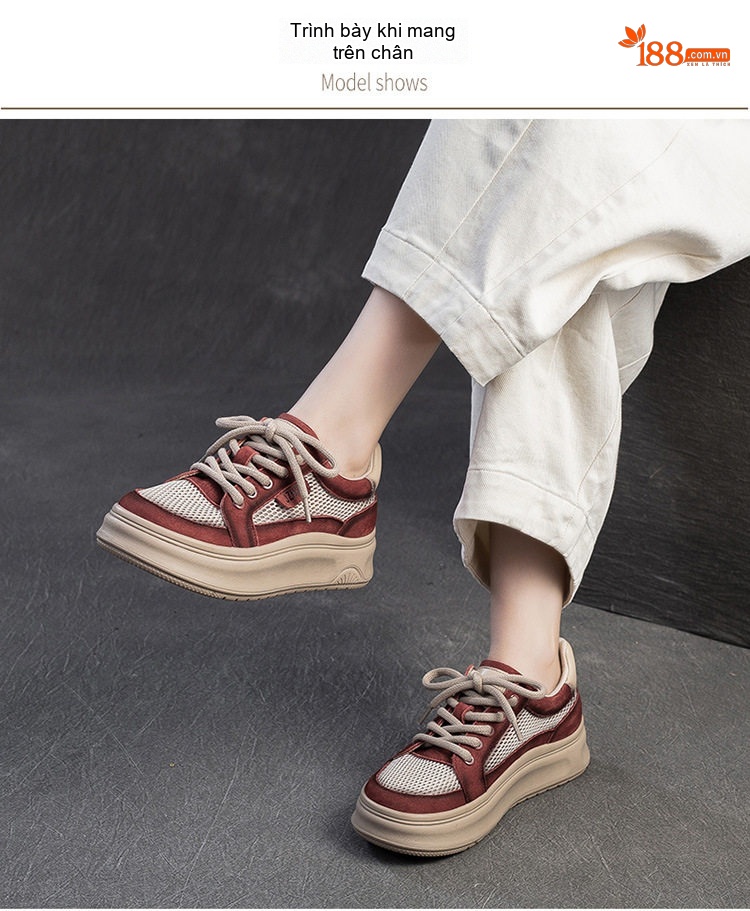 Giày Sneaker Nữ Mũi Tròn Vải Lưới Thoáng Khí Chiều Cao Đế Khoảng 4cm Màu Be, Đỏ chi tiết 7