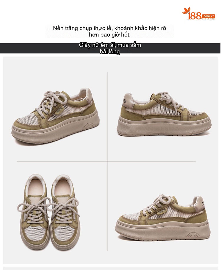 Giày Sneaker Nữ Mũi Tròn Vải Lưới Thoáng Khí Chiều Cao Đế Khoảng 4cm Màu Be, Đỏ chi tiết 16
