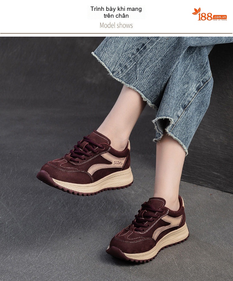 Giày Sneaker Nữ Phối Màu Đế Bằng Buộc Dây Chiều Cao Đế Khoảng 4cm Màu Be, Đỏ Rượu chi tiết 6