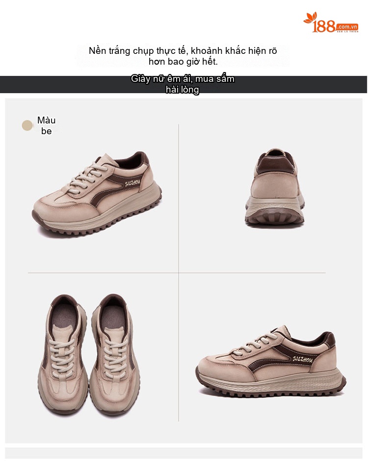 Giày Sneaker Nữ Phối Màu Đế Bằng Buộc Dây Chiều Cao Đế Khoảng 4cm Màu Be, Đỏ Rượu chi tiết 15