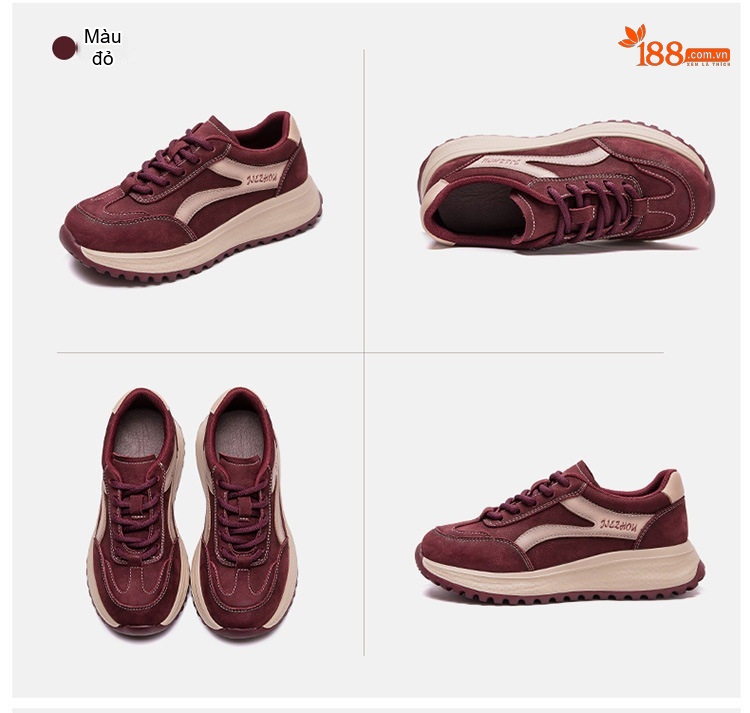 Giày Sneaker Nữ Phối Màu Đế Bằng Buộc Dây Chiều Cao Đế Khoảng 4cm Màu Be, Đỏ Rượu chi tiết 16