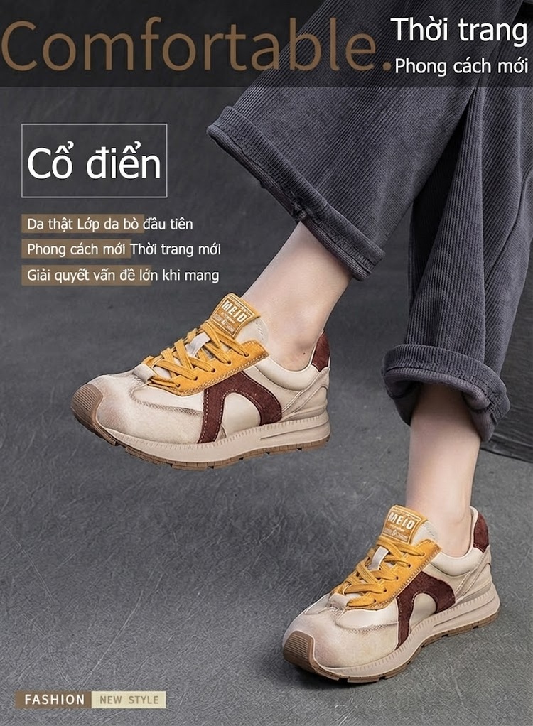 Giày Sneaker Nữ Phối Màu Đế Dày Chiều Cao Đế Khoảng 3.5cm Màu Kem, Nâu, Vàng, Đỏ... chi tiết 1