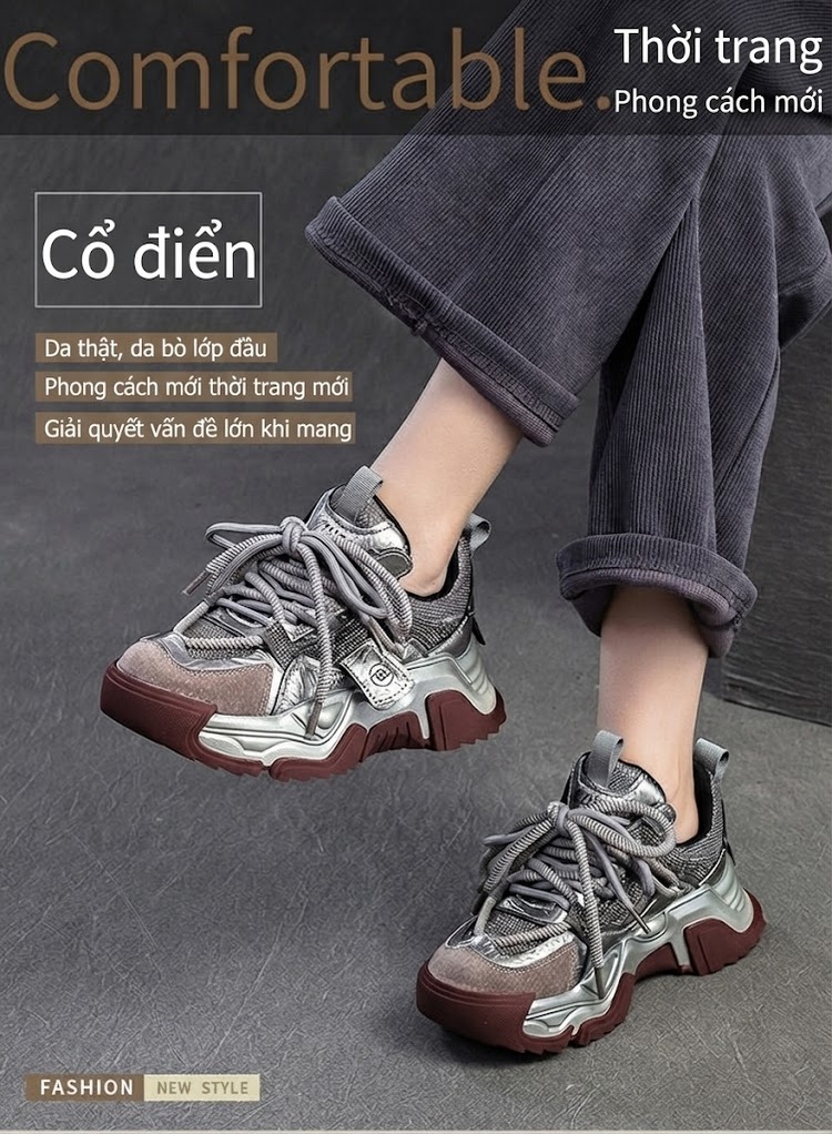 Giày Sneaker Nữ Phối Màu Đính Đá Đế Dày Chiều Cao Đế Khoảng 5cm Phong Cách Thể Thao Màu Đen, Xám chi tiết 1