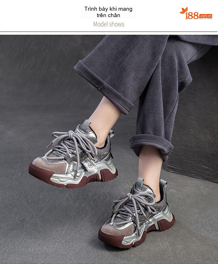 Giày Sneaker Nữ Phối Màu Đính Đá Đế Dày Chiều Cao Đế Khoảng 5cm Phong Cách Thể Thao Màu Đen, Xám chi tiết 7