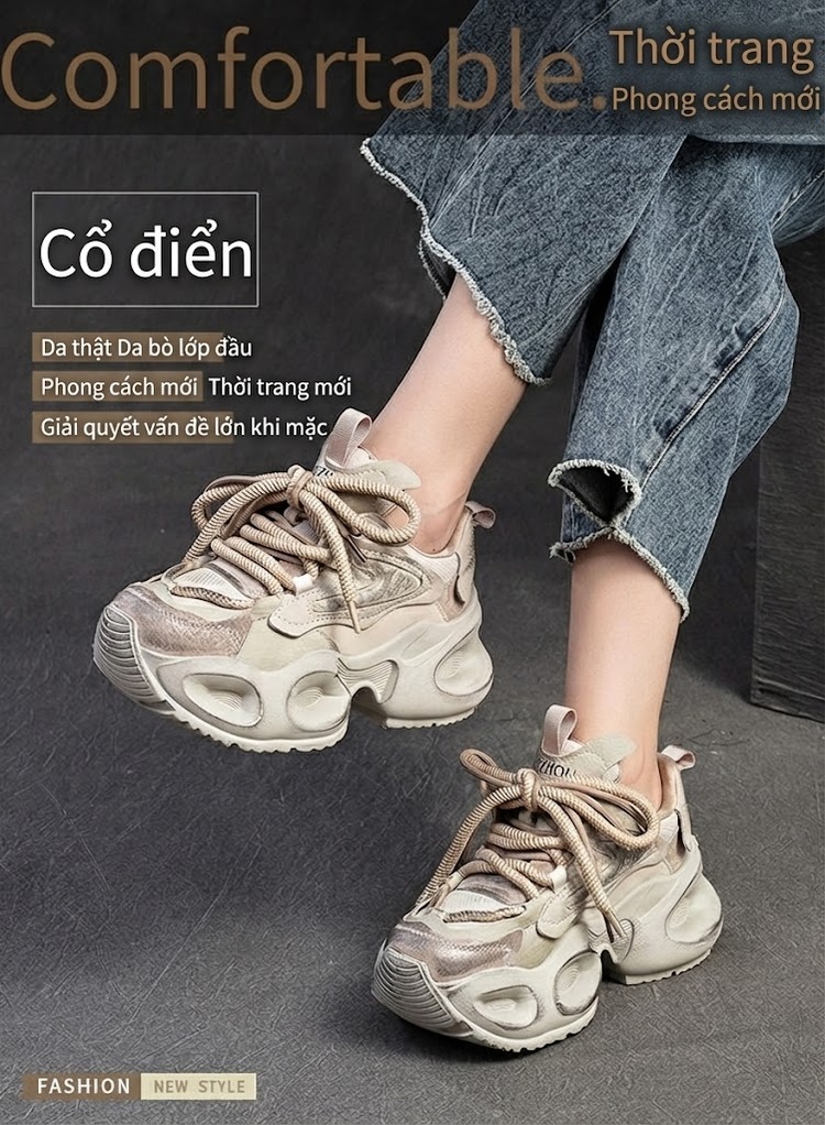 Giày Sneaker Nữ Phong Cách Retro Đế Bánh Mì Chiều Cao Đế Khoảng 5cm Màu Đen, Be chi tiết 2