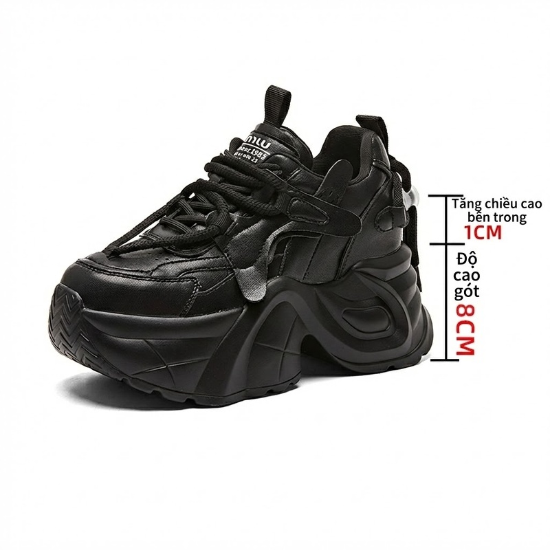 Giày Sneaker Nữ Phong Cách Retro Đế Bánh Mì Chiều Cao Đế Khoảng 5cm Màu Đen, Be chi tiết 8