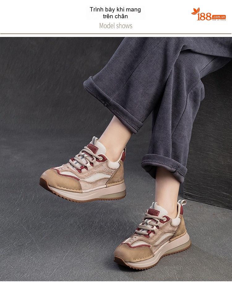 Giày Sneaker Nữ Phong Cách Vintage Phối Màu Lưới Thoáng Khí Chiều Cao Đế Khoảng 3cm Màu Be, Nâu, Đỏ chi tiết 8