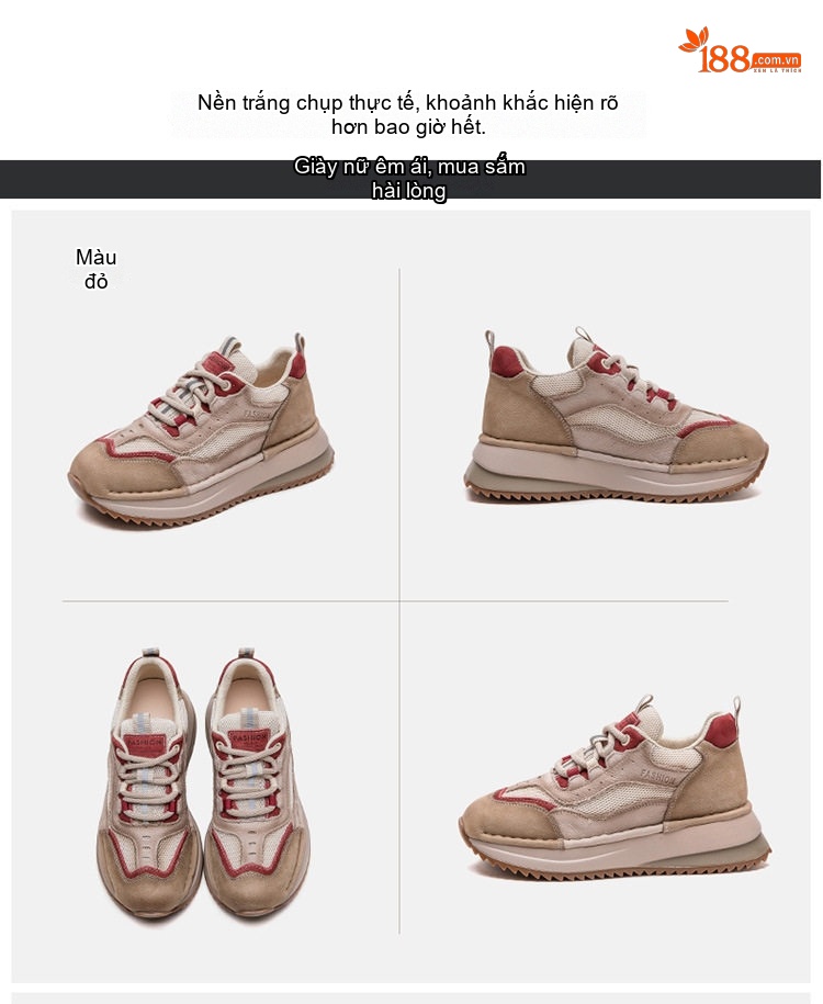 Giày Sneaker Nữ Phong Cách Vintage Phối Màu Lưới Thoáng Khí Chiều Cao Đế Khoảng 3cm Màu Be, Nâu, Đỏ chi tiết 17