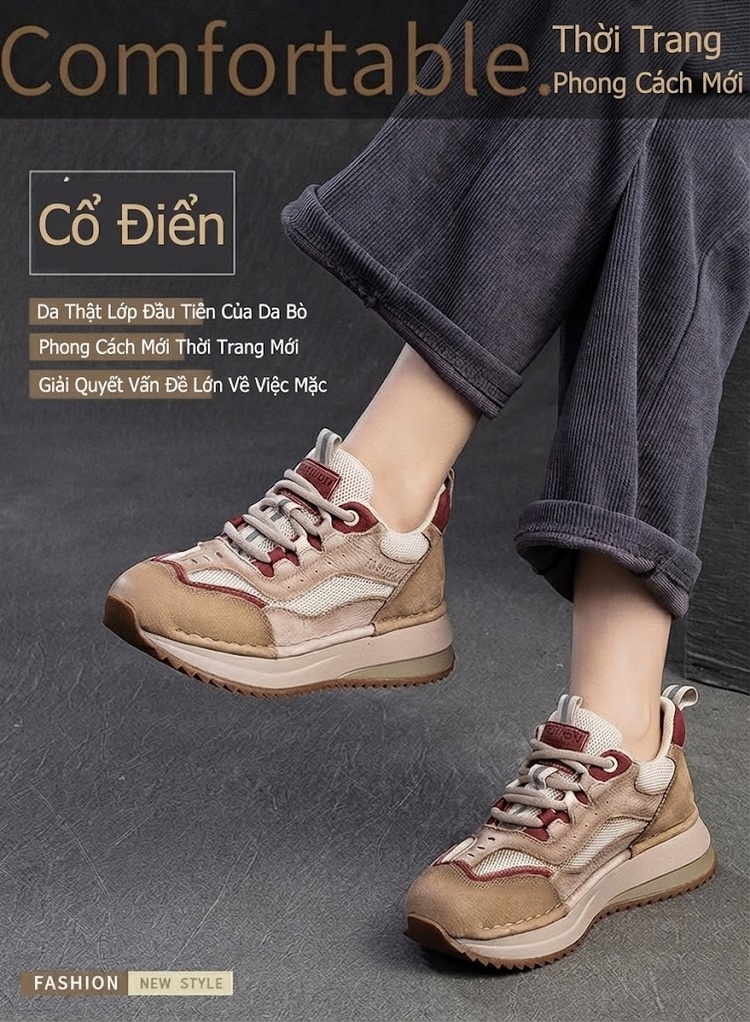 Giày Sneaker Nữ Phong Cách Vintage Phối Màu Lưới Thoáng Khí Chiều Cao Đế Khoảng 3cm Màu Be, Nâu, Đỏ chi tiết 2