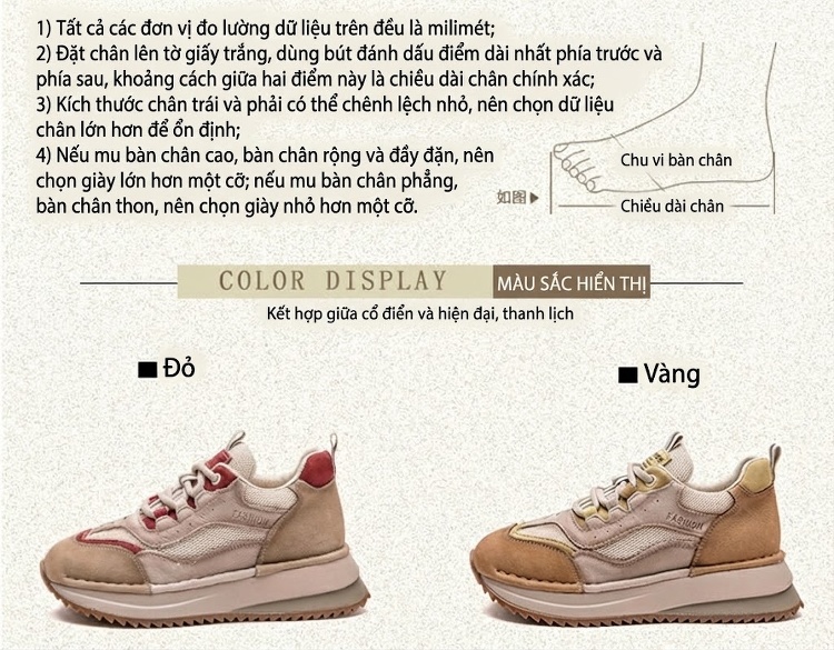 Giày Sneaker Nữ Phong Cách Vintage Phối Màu Lưới Thoáng Khí Chiều Cao Đế Khoảng 3cm Màu Be, Nâu, Đỏ chi tiết 3