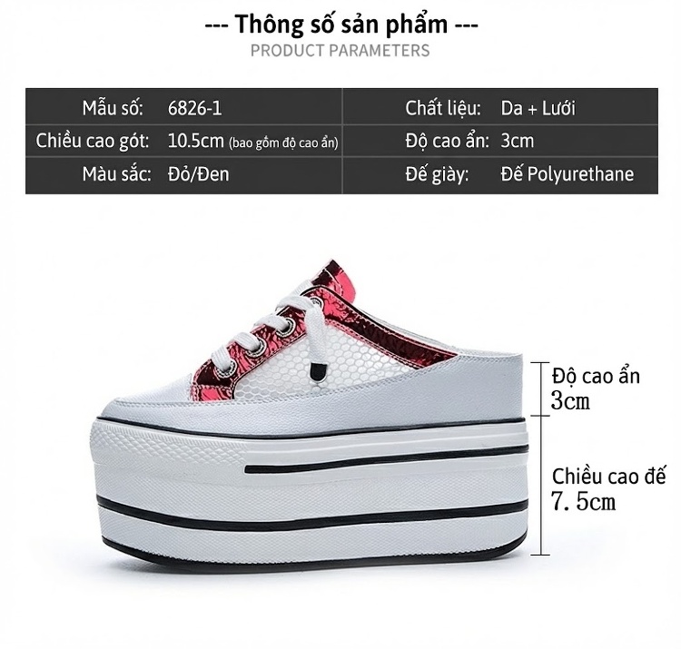 Giày Sục Nữ Đế Xuồng Dây Buộc Chiều Cao Đế 10cm Da Bóng Màu Trắng, Đỏ, Bạc, Đen... chi tiết 4