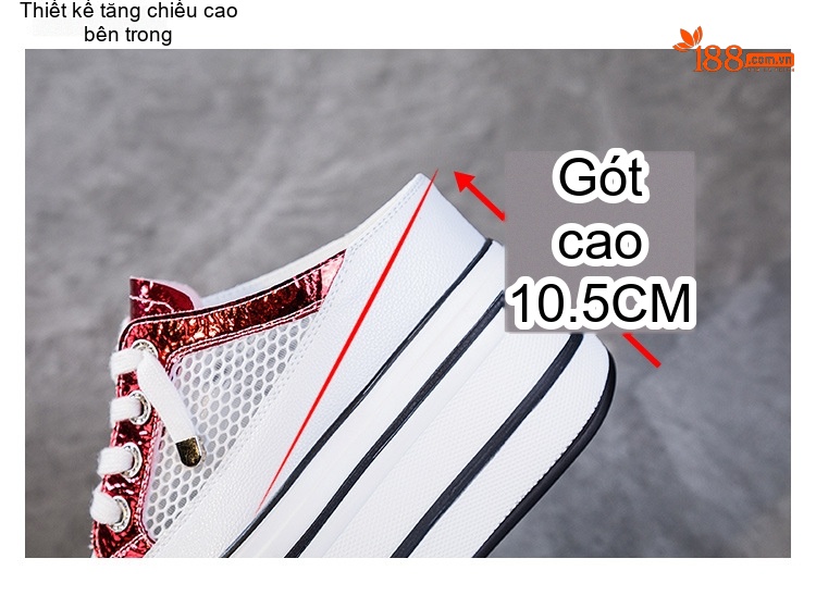 Giày Sục Nữ Đế Xuồng Dây Buộc Chiều Cao Đế 10cm Da Bóng Màu Trắng, Đỏ, Bạc, Đen... chi tiết 8
