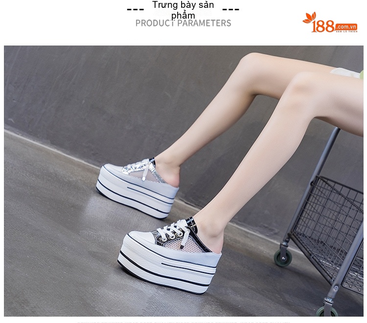 Giày Sục Nữ Đế Xuồng Dây Buộc Chiều Cao Đế 10cm Da Bóng Màu Trắng, Đỏ, Bạc, Đen... chi tiết 10