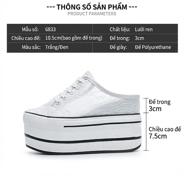 Giày Sục Nữ Vải Voan Ren Tăng Chiều Cao Đế 10.5cm Màu Trắng, Đen chi tiết 2