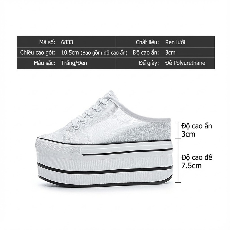 Giày Sục Nữ Vải Voan Ren Tăng Chiều Cao Đế 10.5cm Màu Trắng, Đen