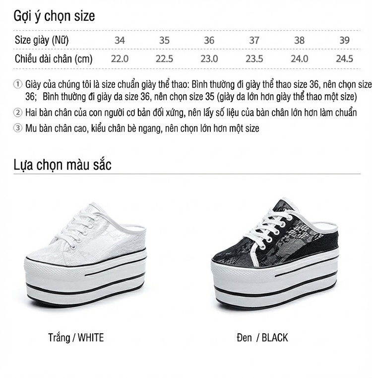 Giày Sục Nữ Vải Voan Ren Tăng Chiều Cao Đế 10.5cm Màu Trắng, Đen chi tiết 3