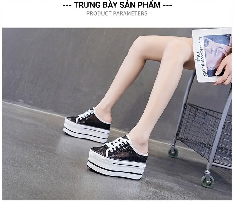 Giày Sục Nữ Vải Voan Ren Tăng Chiều Cao Đế 10.5cm Màu Trắng, Đen chi tiết 8