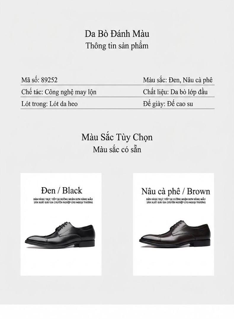 Giày Tây Ba Mảnh Nam Da Bò Chiều Cao Đế Khoảng 3cm Màu Đen, Nâu chi tiết 3