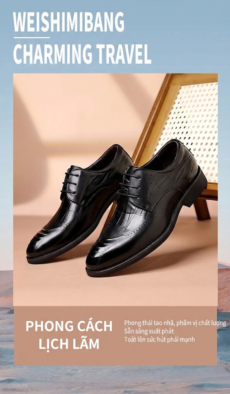 Giày Tây Brogue Buộc Dây Nam Da Bò Chiều Cao Đế Khoảng 3cm Màu Đen chi tiết 1