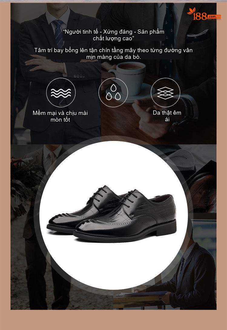 Giày Tây Brogue Buộc Dây Nam Da Bò Chiều Cao Đế Khoảng 3cm Màu Đen chi tiết 2