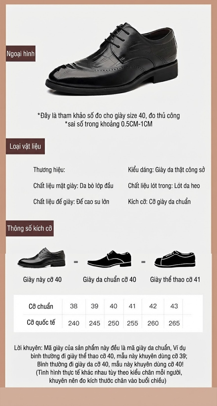 Giày Tây Brogue Buộc Dây Nam Da Bò Chiều Cao Đế Khoảng 3cm Màu Đen chi tiết 5