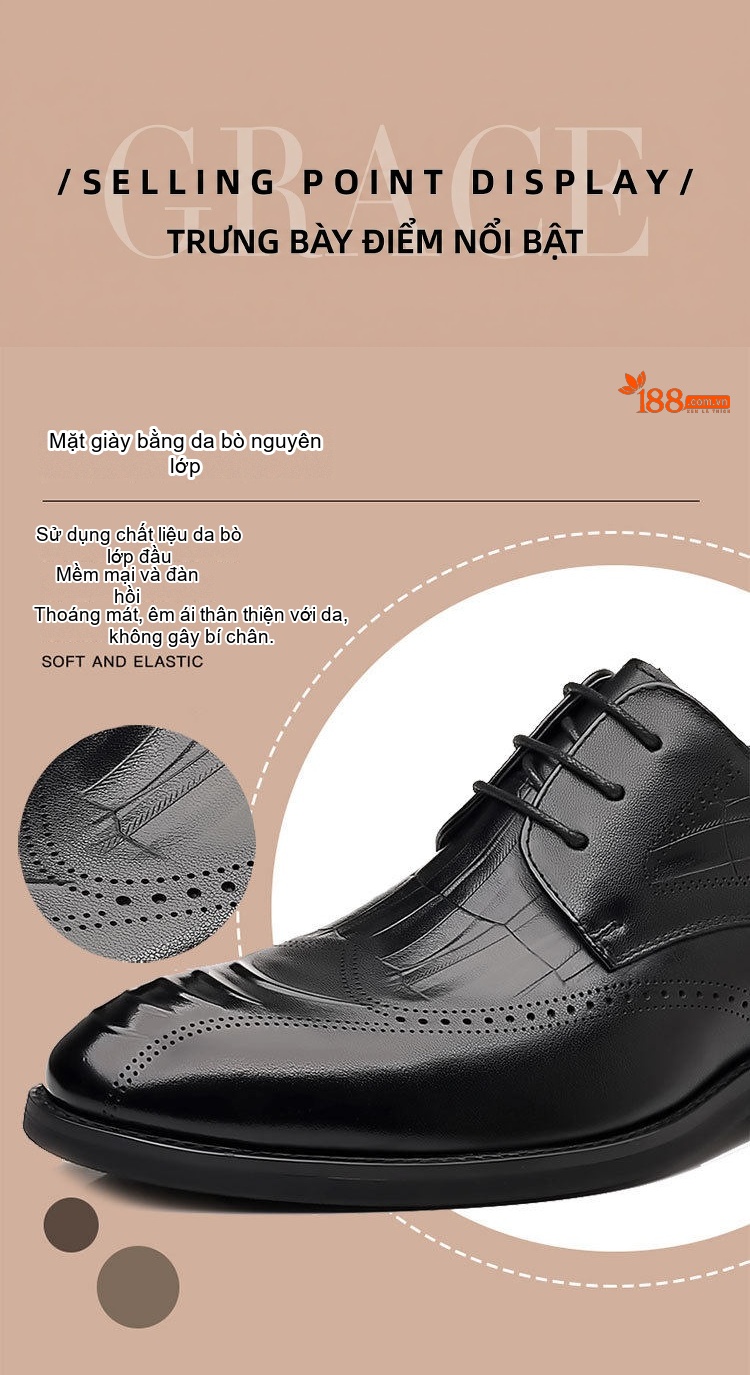Giày Tây Brogue Buộc Dây Nam Da Bò Chiều Cao Đế Khoảng 3cm Màu Đen chi tiết 6