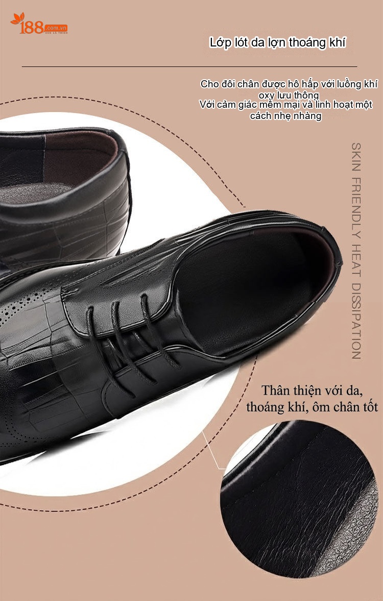 Giày Tây Brogue Buộc Dây Nam Da Bò Chiều Cao Đế Khoảng 3cm Màu Đen chi tiết 7