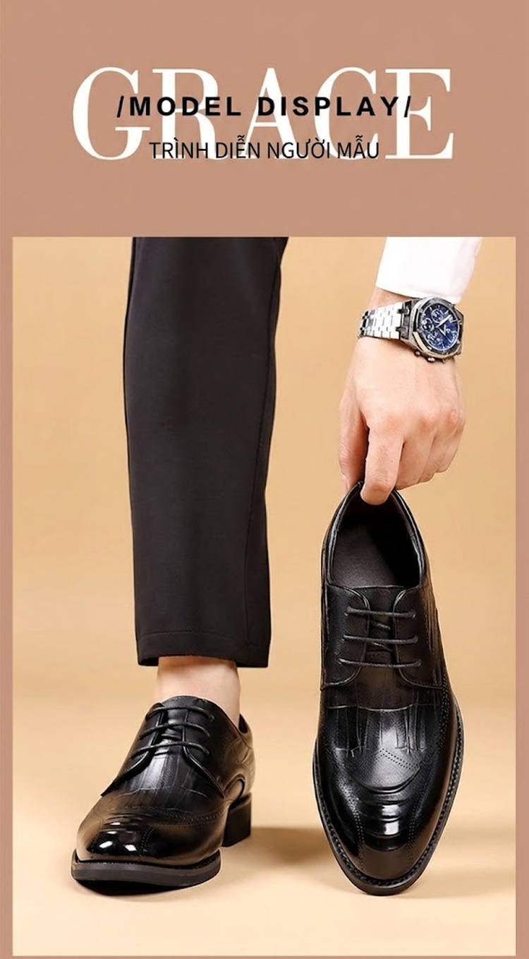 Giày Tây Brogue Buộc Dây Nam Da Bò Chiều Cao Đế Khoảng 3cm Màu Đen chi tiết 9