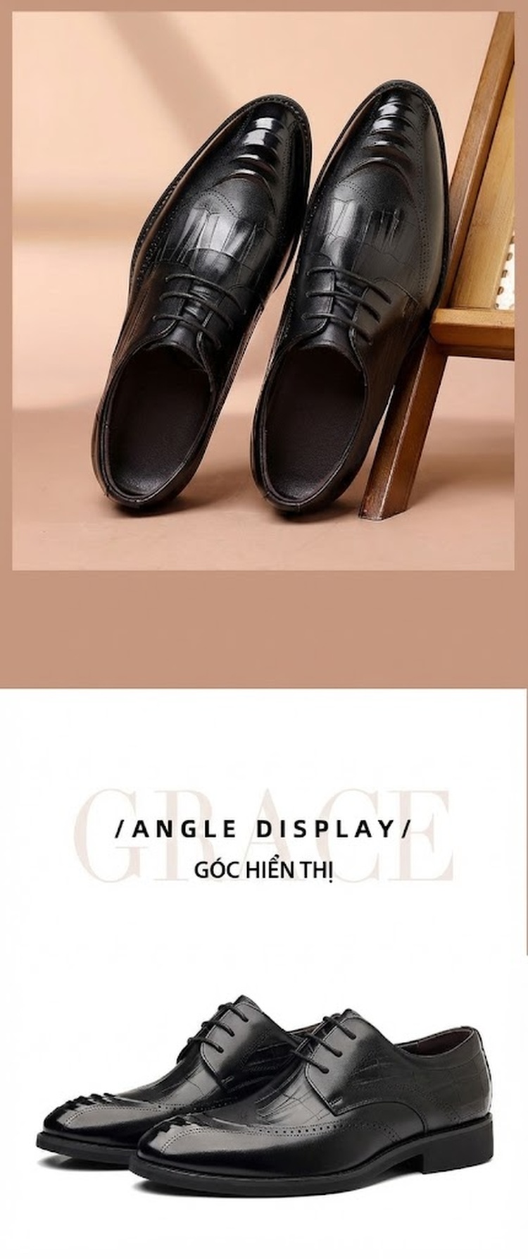 Giày Tây Brogue Buộc Dây Nam Da Bò Chiều Cao Đế Khoảng 3cm Màu Đen chi tiết 12