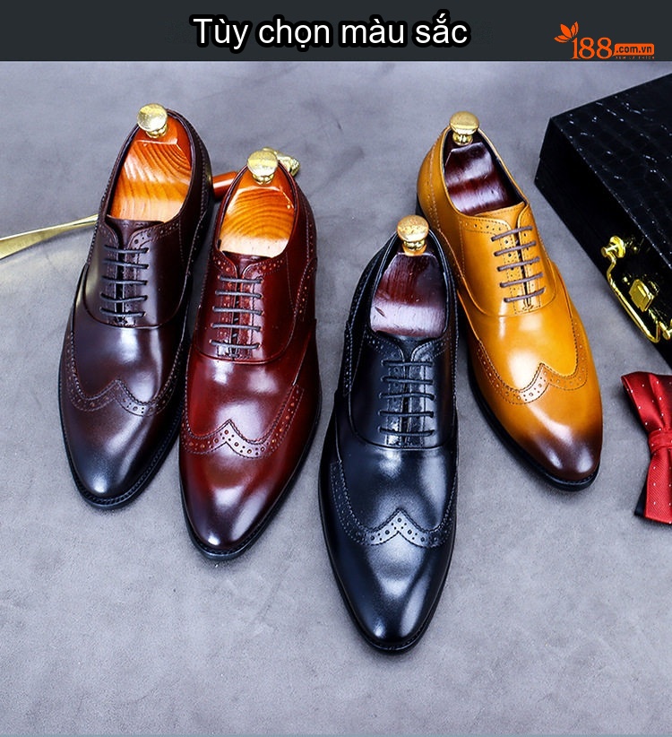 Giày Tây Brogue Buộc Dây Nam Da Bò Chiều Cao Đế Khoảng 3cm Màu Nâu, Đen, Đỏ chi tiết 2