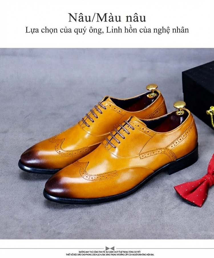 Giày Tây Brogue Buộc Dây Nam Da Bò Chiều Cao Đế Khoảng 3cm Màu Nâu, Đen, Đỏ chi tiết 4