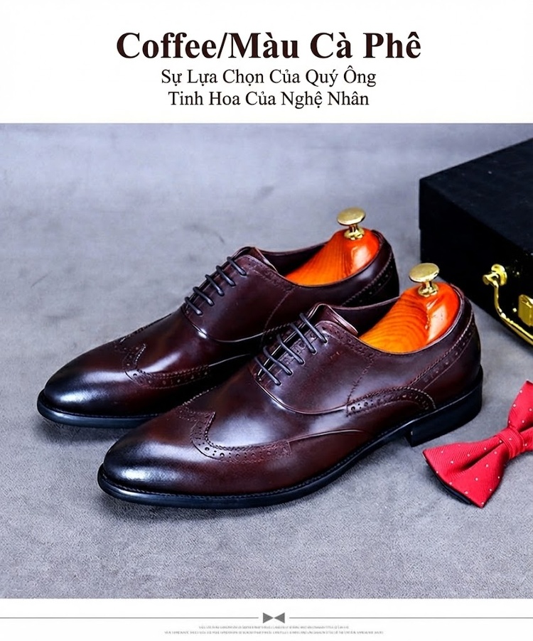 Giày Tây Brogue Buộc Dây Nam Da Bò Chiều Cao Đế Khoảng 3cm Màu Nâu, Đen, Đỏ chi tiết 11