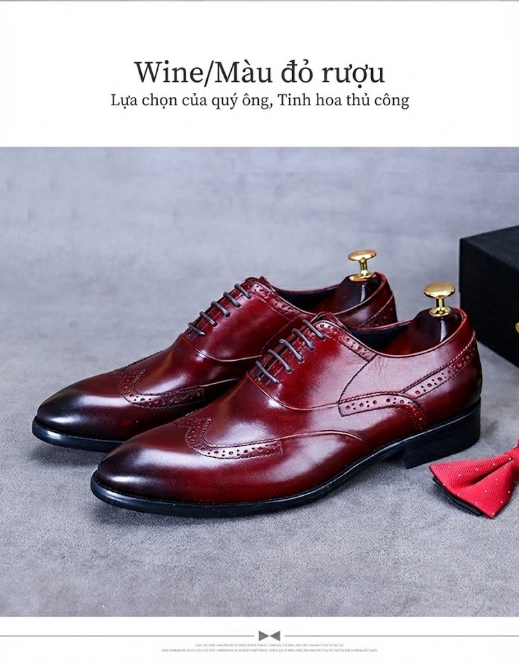 Giày Tây Brogue Buộc Dây Nam Da Bò Chiều Cao Đế Khoảng 3cm Màu Nâu, Đen, Đỏ chi tiết 25