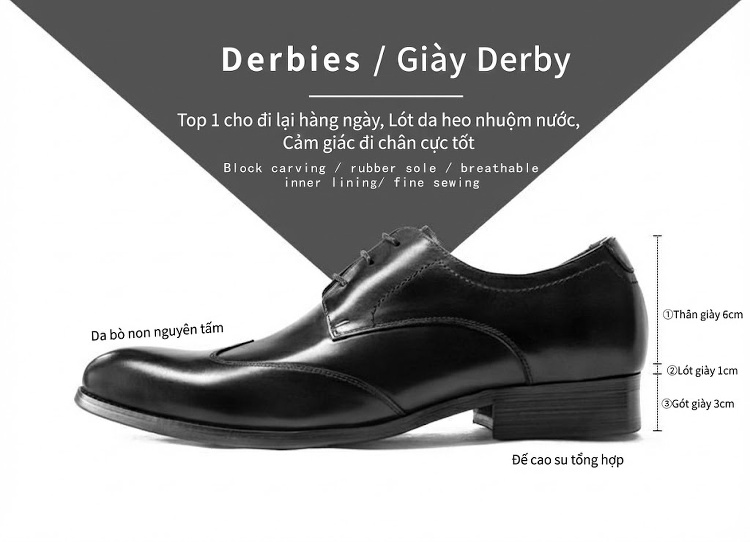 Giày Tây Brogue (giày lỗ) Buộc Dây Nam Da Bóng Mũi Nhọn Chiều Cao Đế Khoảng 3cm Màu Đen, Nâu chi tiết 2
