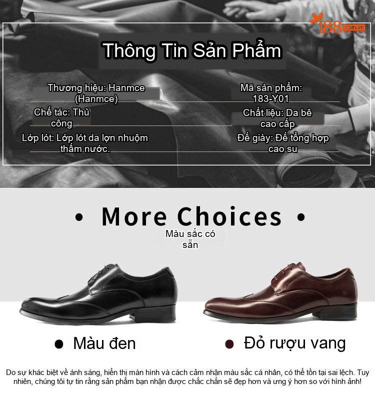 Giày Tây Brogue (giày lỗ) Buộc Dây Nam Da Bóng Mũi Nhọn Chiều Cao Đế Khoảng 3cm Màu Đen, Nâu chi tiết 4