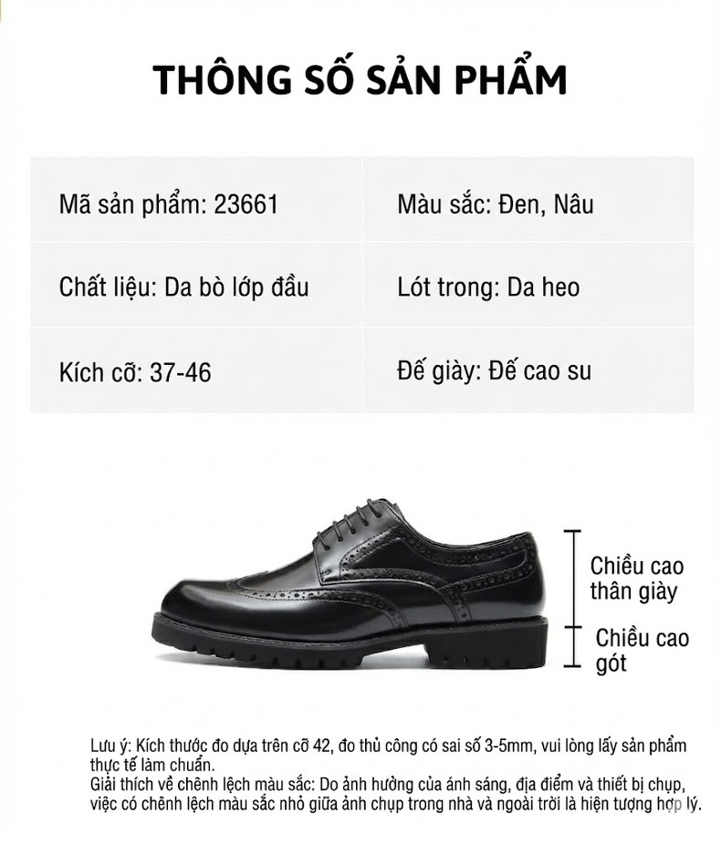 Giày Tây Brogue Nam Da Bóng Đế Dày Chiều Cao Đế Khoảng 3.5cm Màu Đen, Nâu chi tiết 2