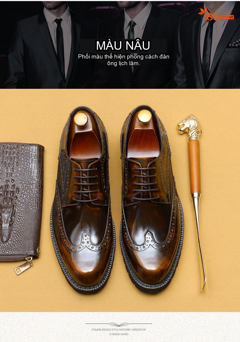 Giày Tây Brogue Nam Da Bóng Đế Dày Chiều Cao Đế Khoảng 3.5cm Màu Đen, Nâu chi tiết 4