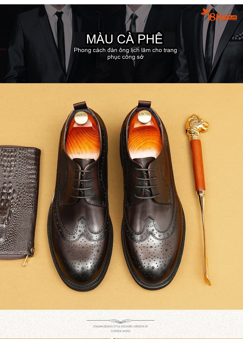 Giày Tây Brogue Nam Da Thật Chiều Cao Đế Khoảng 3.5cm Màu Đen, Nâu chi tiết 3